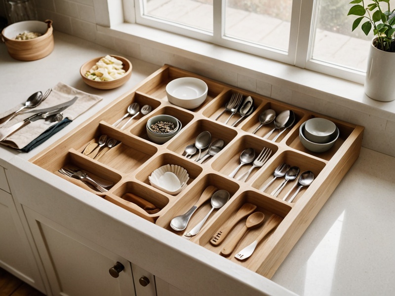 Organized kitchen drawer with wooden dividers