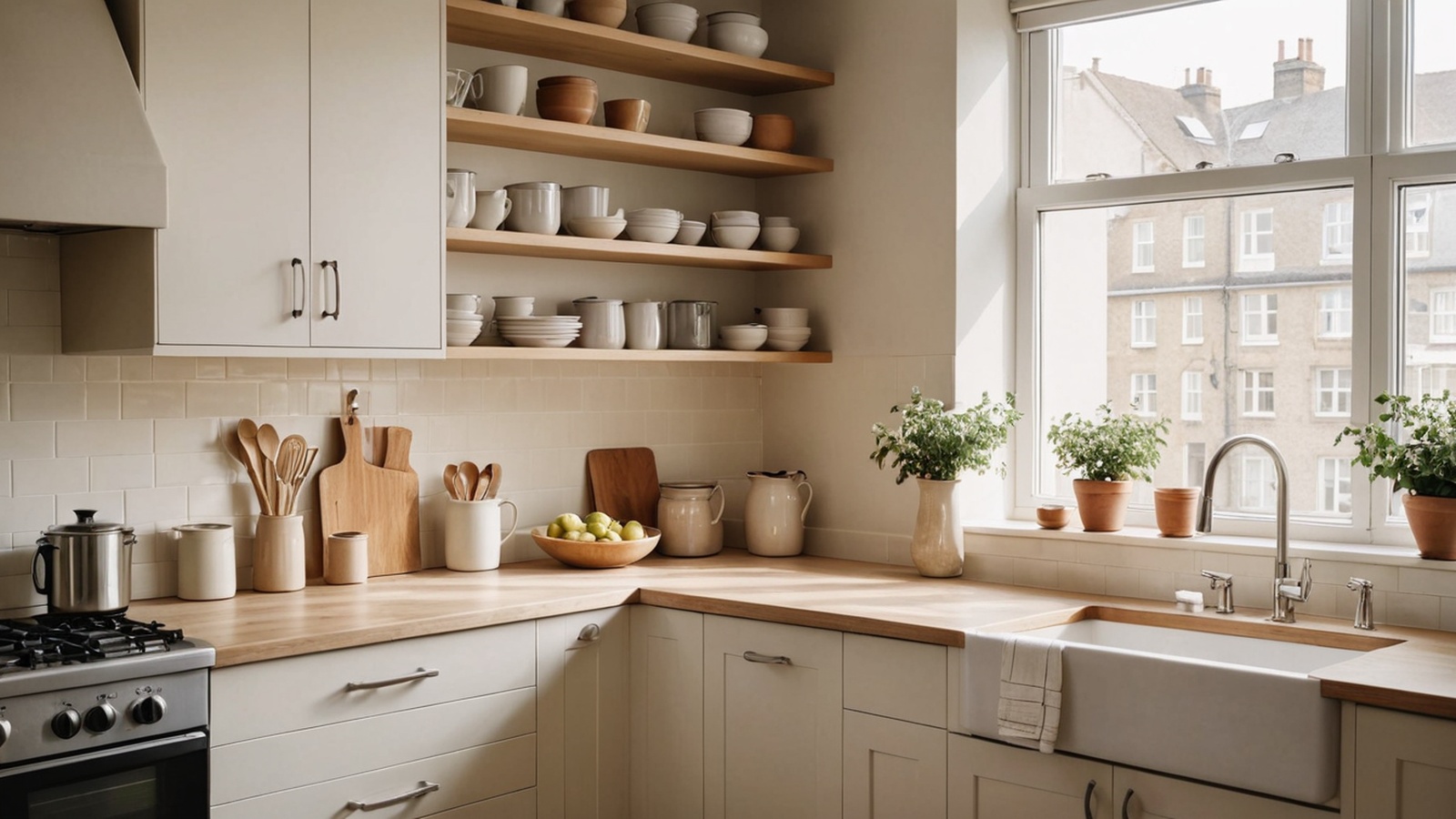 Calm, organized small kitchen with warm natural light